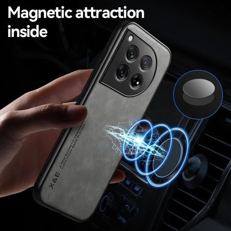 Elegant Leather Phone Case for OnePlus 12 12R Protective Shockproof Cover with Built-in Magnetic Car Holder