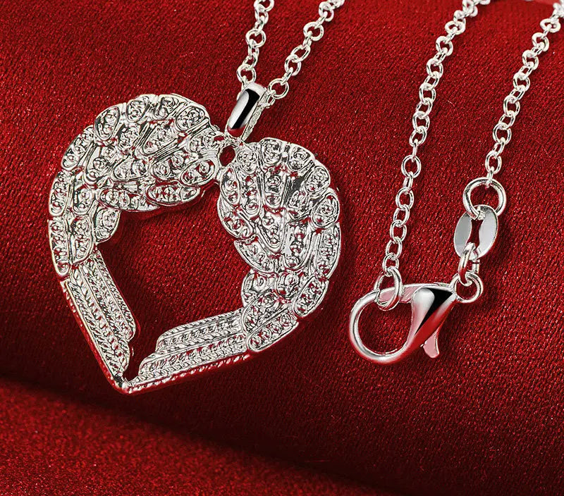 Elegant Feather Wings Heart 925 Sterling Silver Necklace Chain for Women Fashion Charm Jewelry Accessories