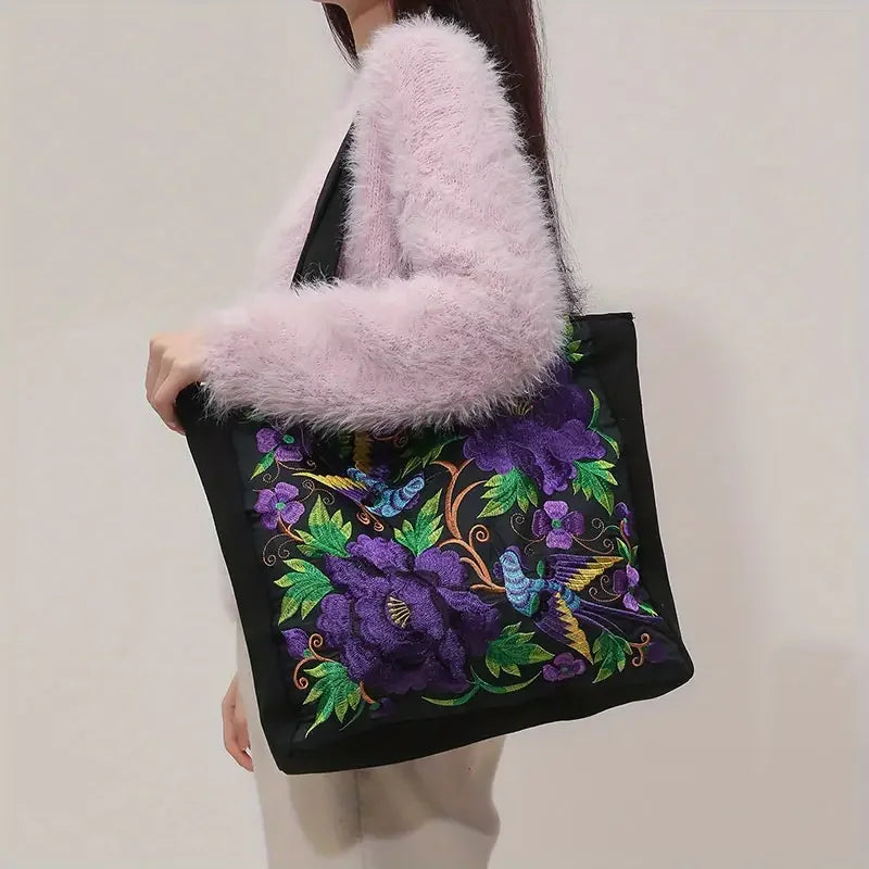 Elegant Flower Embroidery Canvas Tote Shoulder Bag Large Capacity Handbag For Women