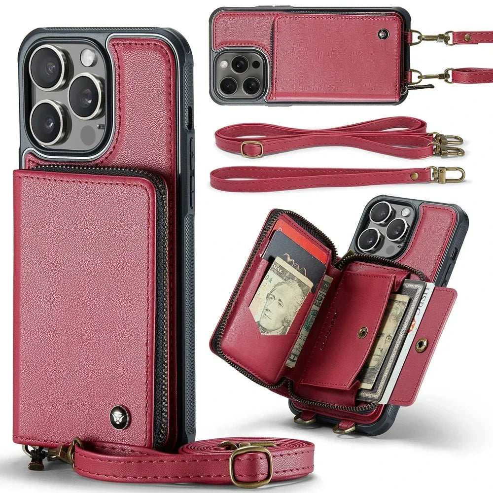 Elegant Crossbody Zipper Leather Wallet Case for Apple iPhone 16 15 Pro Max 14 Plus 13 12 Models Cards Holder Lanyard Protective Cover Shell