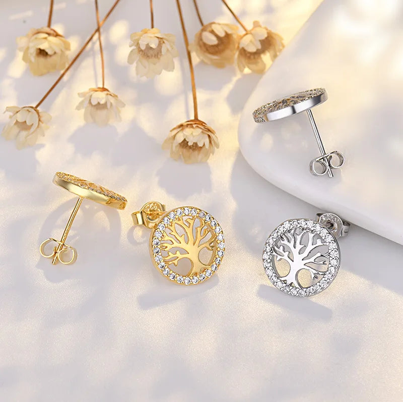 Lavish Crystal Tree of Life 925 Sterling Silver Stud Earrings for Women Fashion Cute Jewelry Accessories
