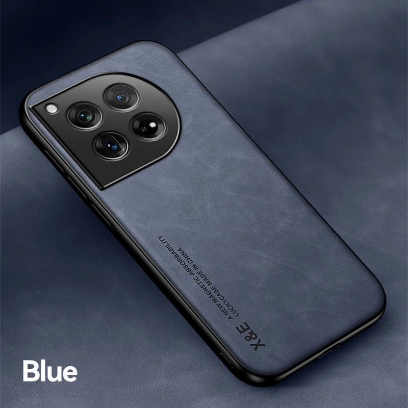 Elegant Leather Phone Case for OnePlus 12 12R Protective Shockproof Cover with Built-in Magnetic Car Holder