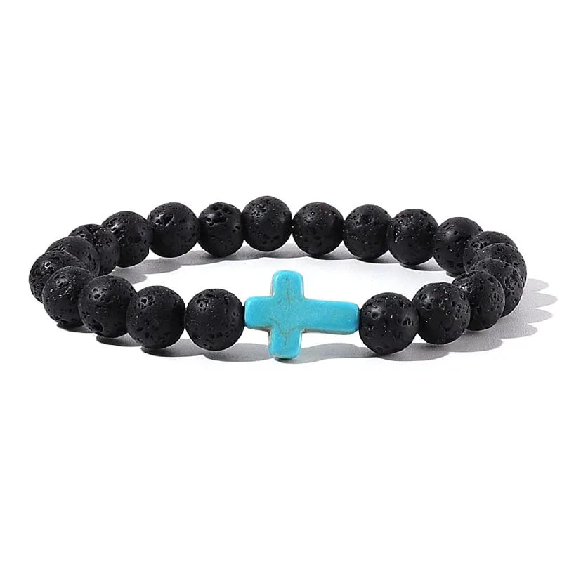 Rosary Cross Natural Stone Wood Beads Hematite Bracelets Prayer Meditation Bracelet for Men Women Yoga Jewelry