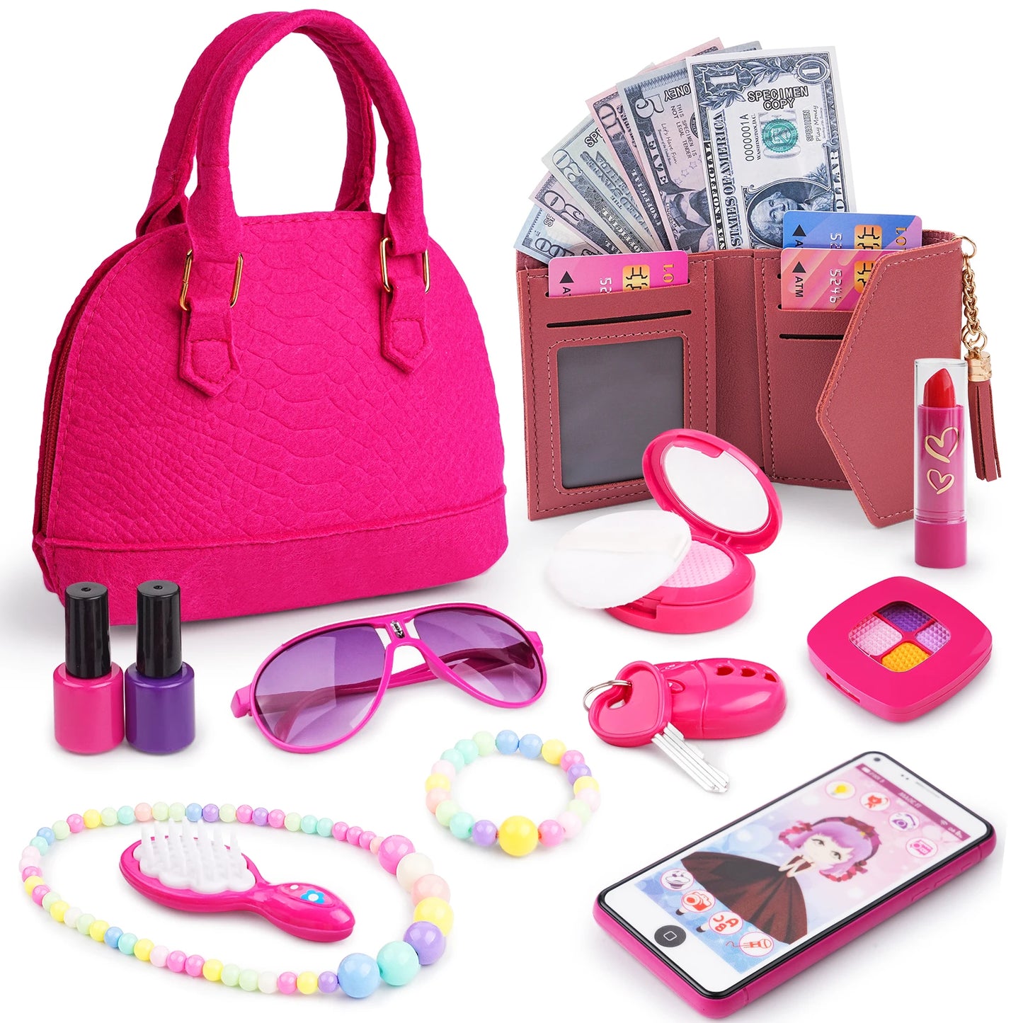 Play Purse Set with Pretend Makeup and Accessories for Little Girls, Toddlers, Princess Toys Includes Handbag, Phone, Wallet