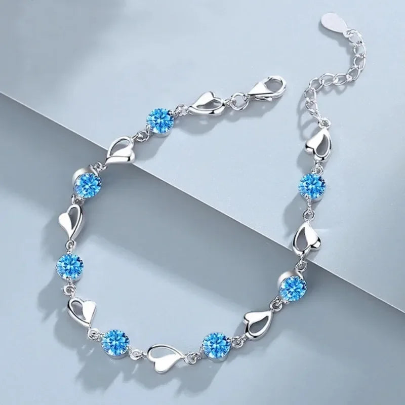 Elegant Crystal Heart 925 Sterling Silver Bracelets for Women Fine Charm Jewelry Accessories