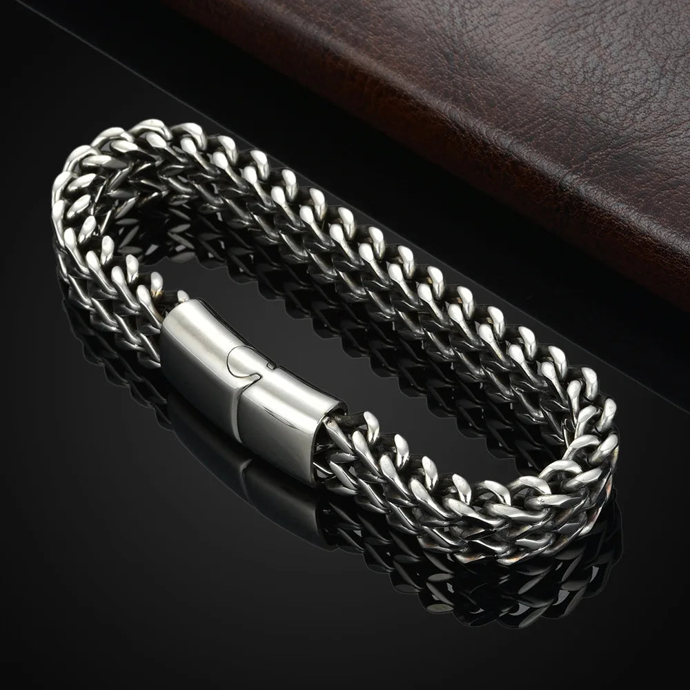 Braided Double Row Stainless Steel Bracelets with Magnetic Buckle Fish Scale Keel Style Jewelry