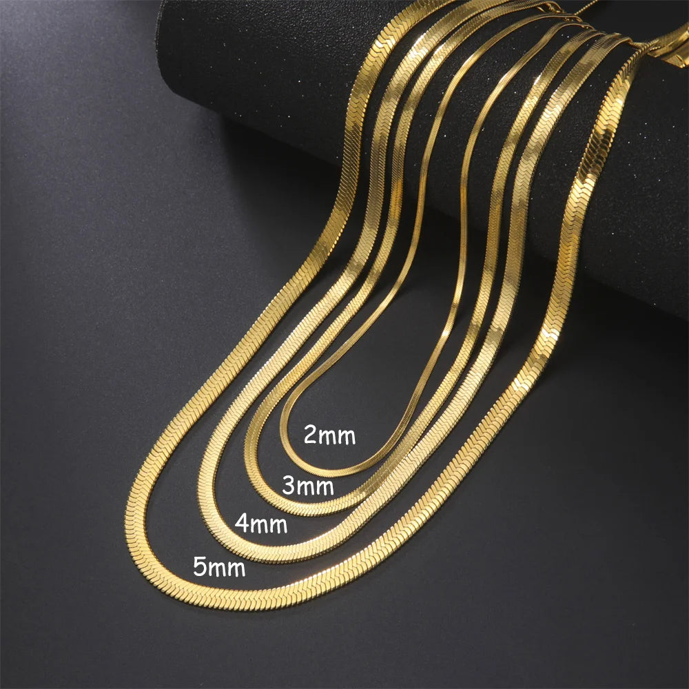 Herringbone Snake Chain Stainless Steel Necklaces for Women Men 2mm/3mm/4mm/5mm Wide Gold Silver Color Flat Style Jewelry