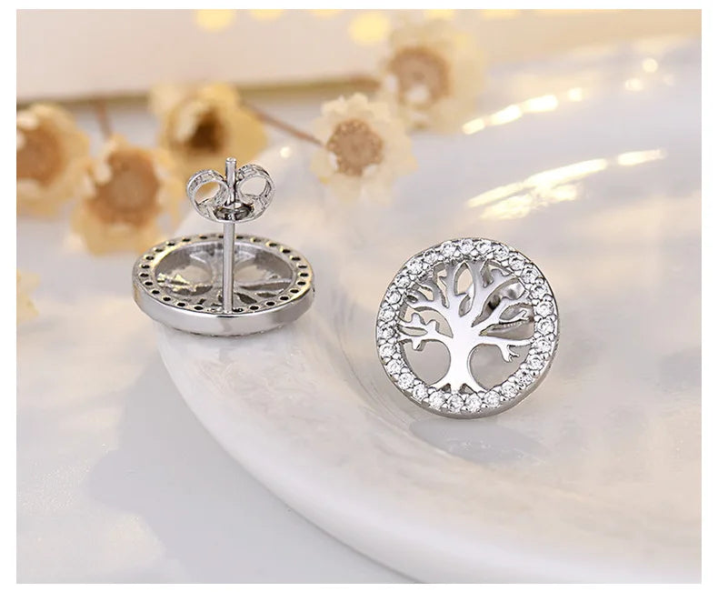 Lavish Crystal Tree of Life 925 Sterling Silver Stud Earrings for Women Fashion Cute Jewelry Accessories