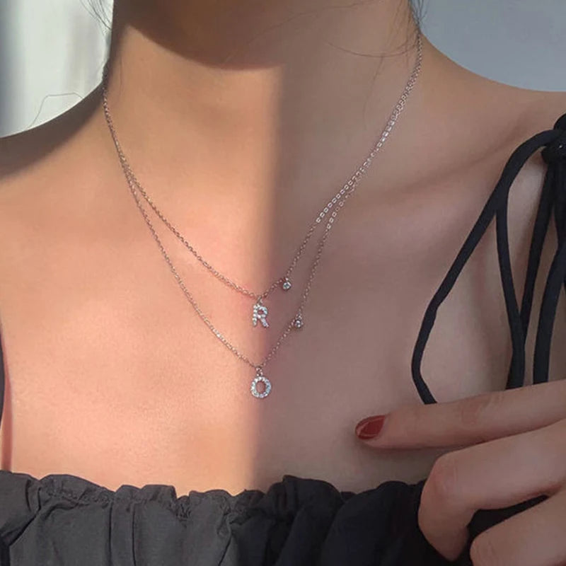 Elegant Crystal Initials Letter 925 Sterling Silver Chain Necklaces for Women Shiny Pendant Collar Jewelry Accessories