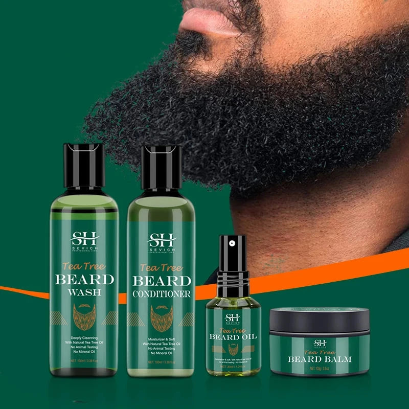 Nourishing Beard Growth Kit For Men Tea Tree Hair Enhancer Thicker Beard Care Oil Moisturizing Beard Conditioner Anti Hair Loss