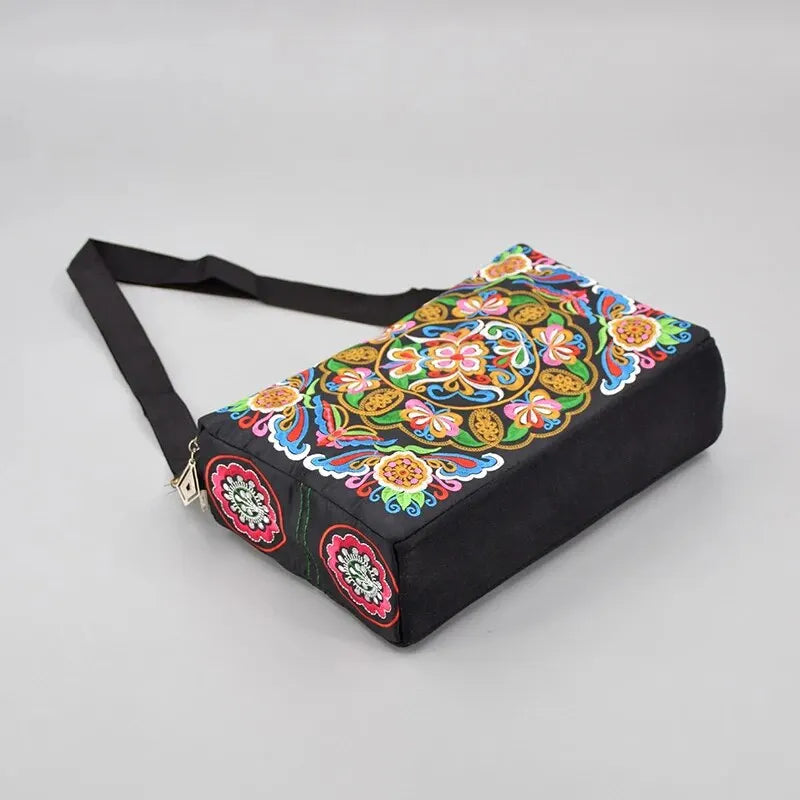 Embroidered Flowers Women's Nylon Crossbody Handbag Purse Ladies Large Capacity Travel Shoulder Bags