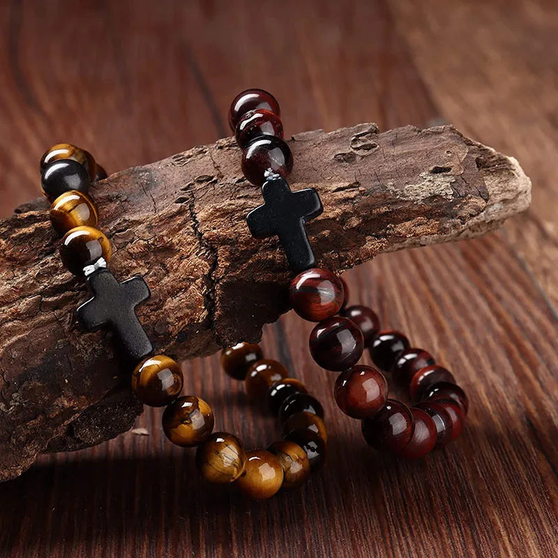 Rosary Cross Natural Stone Wood Beads Hematite Bracelets Prayer Meditation Bracelet for Men Women Yoga Jewelry