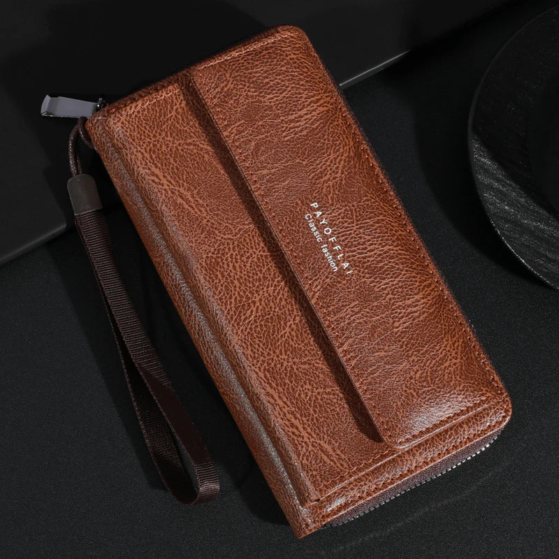 High Quality Men's Leather Zipper Long Phone Wallet Large Capacity Clutch Bag Multi Card Holder Coin Purse Double Layer Strap Wallet