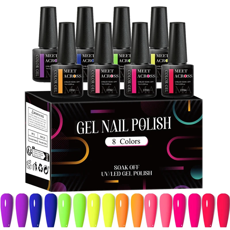 8pcs Gel Nail Polish Set Colorful Fluorescent All Season Colors Laser Glitter Nail Art Varnish for Manicures