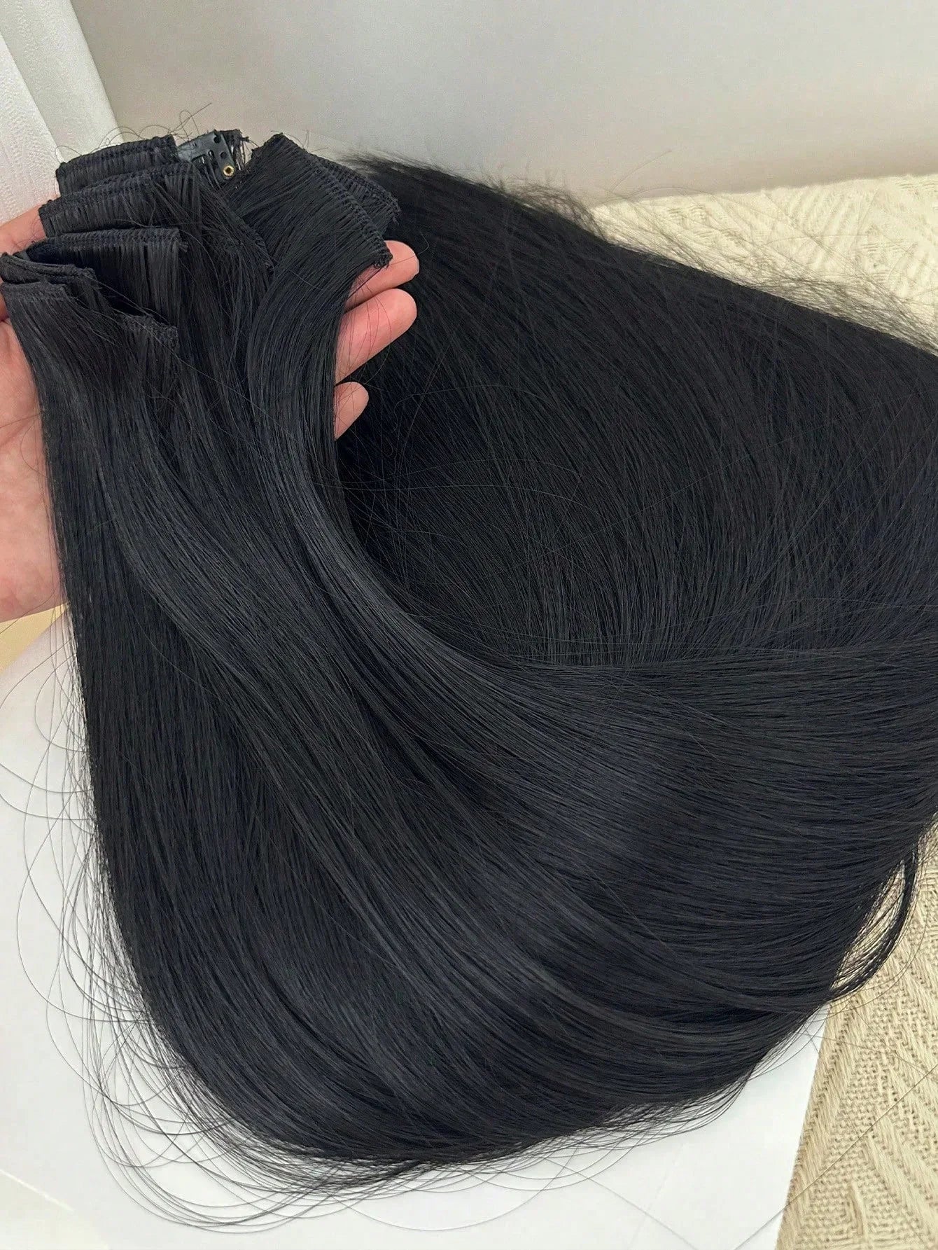Synthetic Wig 6pcs 16 Clips 24 Inch Wavy Curly Full Head Hair Extensions on Double Weft Dark Black For Women