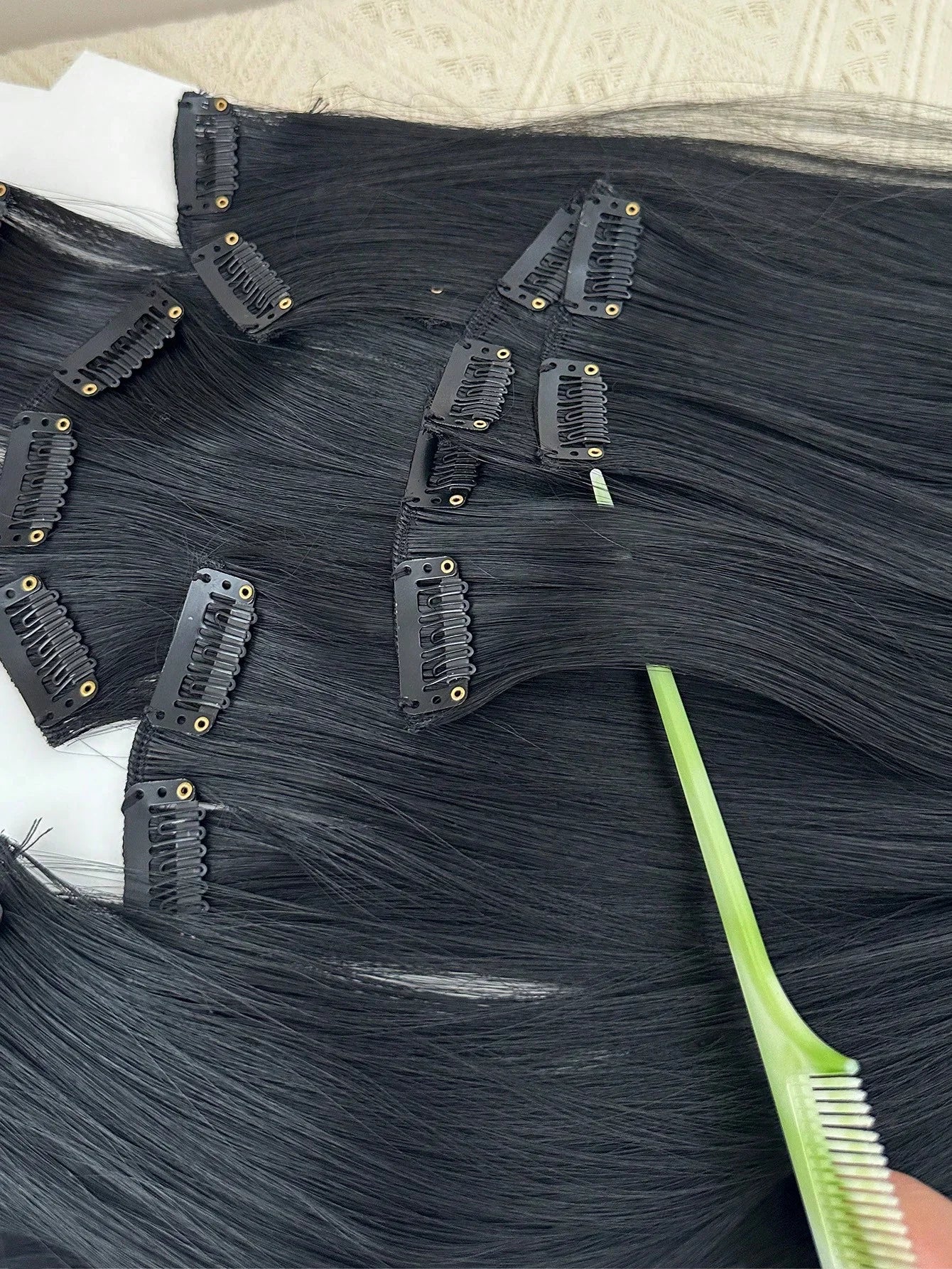 Synthetic Wig 6pcs 16 Clips 24 Inch Wavy Curly Full Head Hair Extensions on Double Weft Dark Black For Women