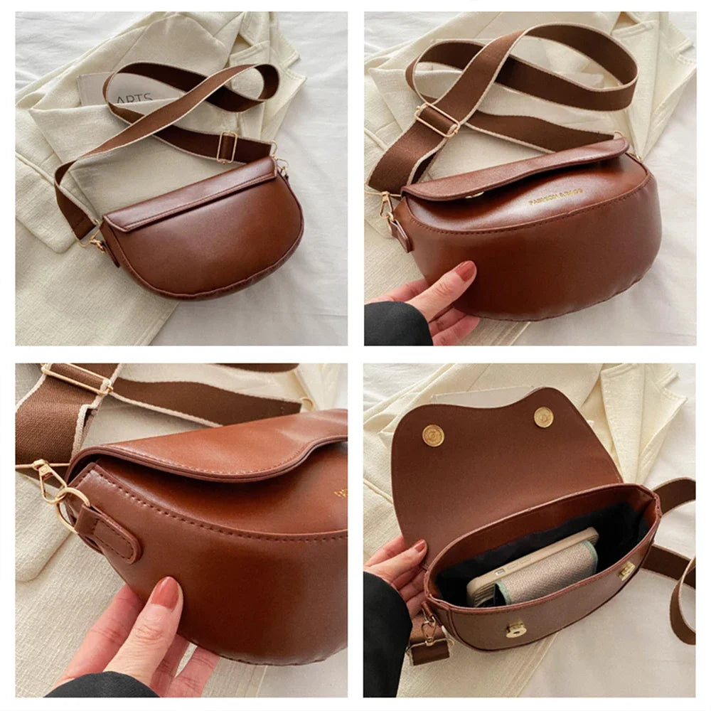 Elegant Women's Leather Vintage Flap Saddle Shoulder Purse Handbag Fashion Wide Strap Crossbody Bag