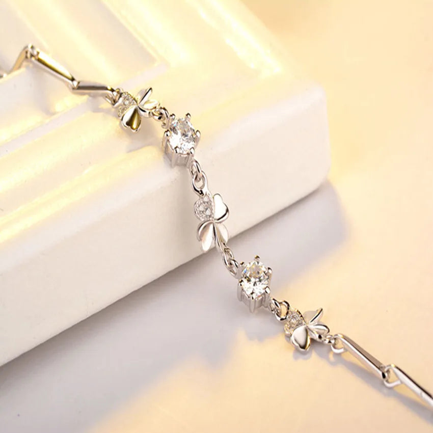 Luxury Crystal Lucky Clover 925 Sterling Silver Bracelets for Women Fine Jewelry Accessories