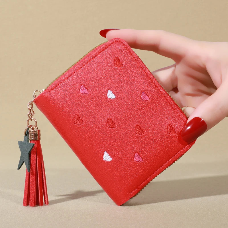 Mini Tassel Embroidered Women's Cute Clutch Wallet Short Style Zipper Hearts Star PU Leather Coin Purse Ladies Clutch Hand Wallet