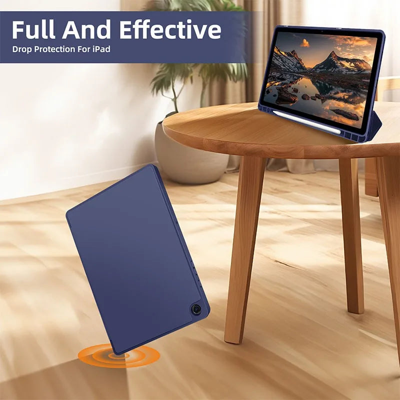 Protective Silicone and Leather Smart Case for Samsung Galaxy Tab S10 S9 FE Plus 11" 12.4" A9 S8 S7 Plus S6 Lite With Pen Holder Cover