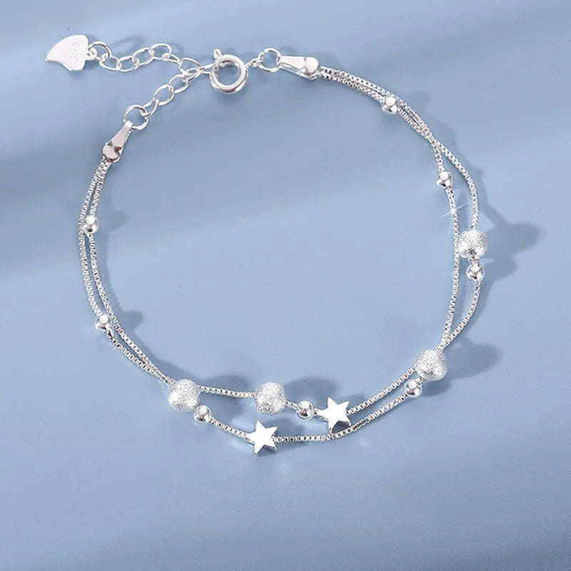 Elegant Multi Strand Stars Beads 925 Sterling Silver Bracelets for Women Adjustable Jewelry Accessories
