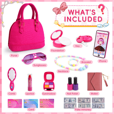 Play Purse Set with Pretend Makeup and Accessories for Little Girls, Toddlers, Princess Toys Includes Handbag, Phone, Wallet