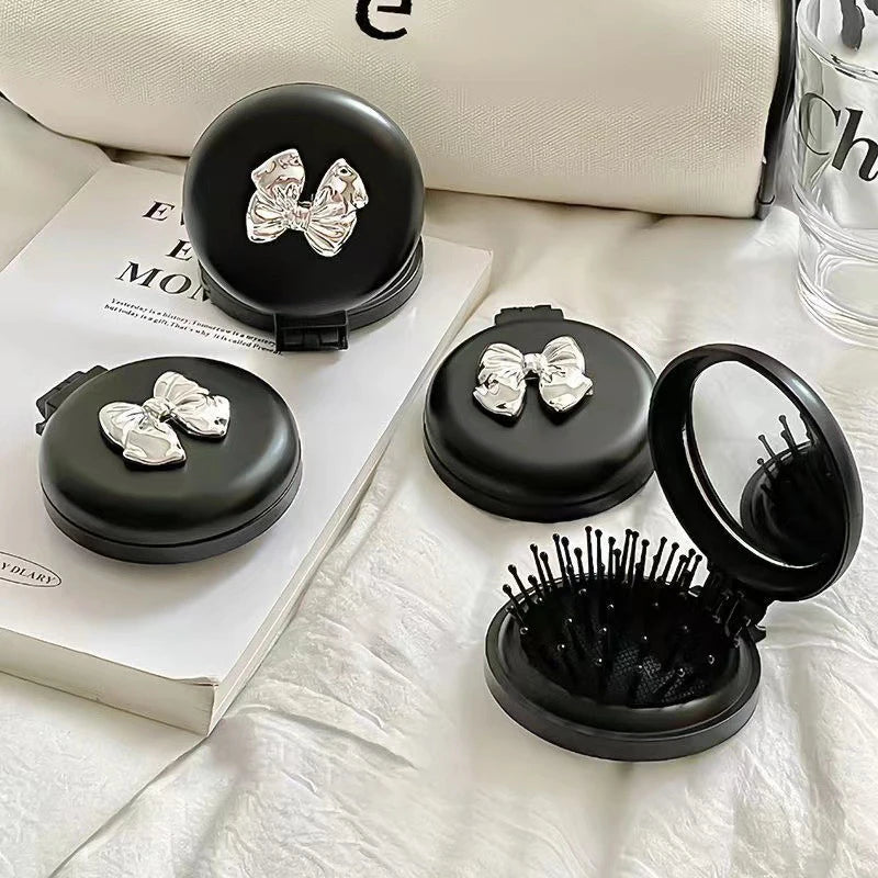 Beautiful Folding Brush With Makeup Mirror Travel Portable Plastic Case Small Comb Hair Brush Bow Tie