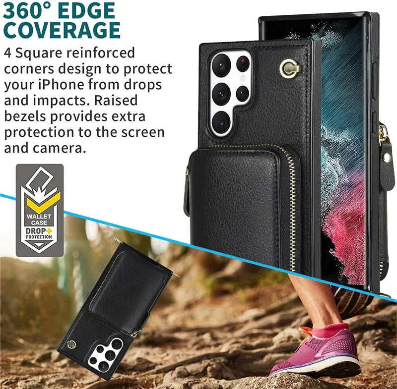 Luxury Crossbody Zipper Leather Wallet Case for Samsung Galaxy S24 S23 S22 Plus S21 S20 Ultra Note 20 Models Cards Holder Lanyard Protective Cover Shell