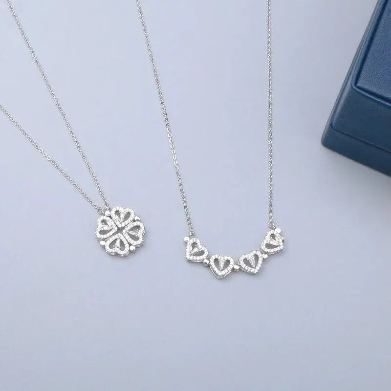 Elegant Dual Wear Magnet Crystal Four Hearts Clover Flower Pendant Necklace for Women Stainless Steel Neck Chain Jewelry Accessories