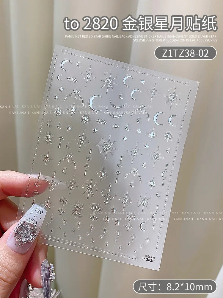 Star Sun Moon 3D Nail Stickers Bronzing Nail Art Gold Silver Styles Decal Self-Adhesive Slider