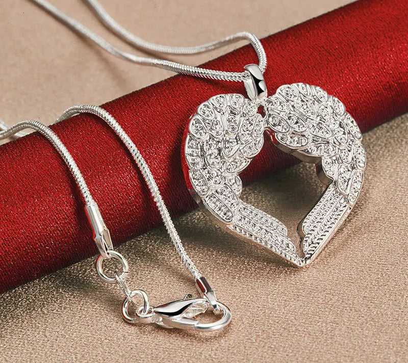 Elegant Feather Wings Heart 925 Sterling Silver Necklace Chain for Women Fashion Charm Jewelry Accessories