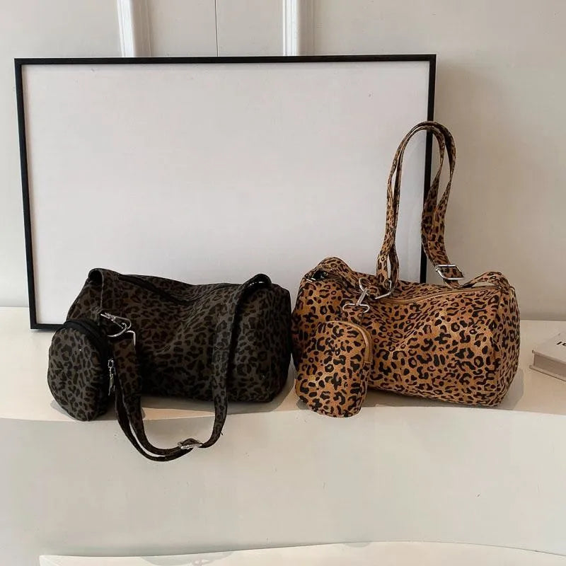Stylish 2 in 1 Leopard Print Pillow Style Canvas Handbag and Mini Purse Set for Women New Trendy Fashion Shoulder Bag Commuting Versatile Crossbody Bag