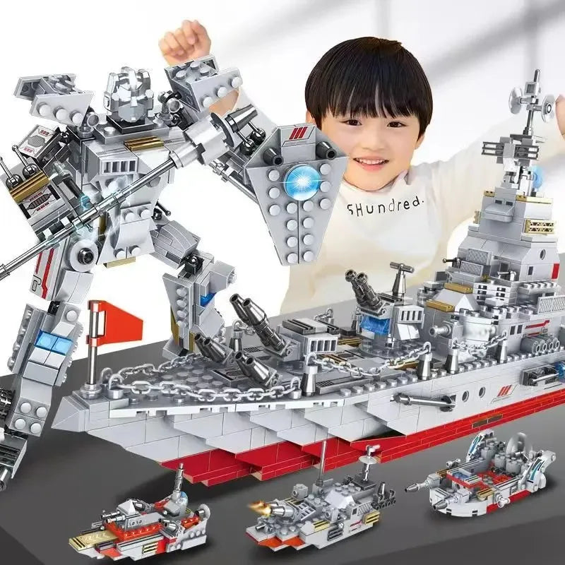 8 in 1 Army Ocean Cruiser Warship Building Blocks 1000pcs Set Aircraft Carrier Army Ship Transformer Bricks Toys for Children