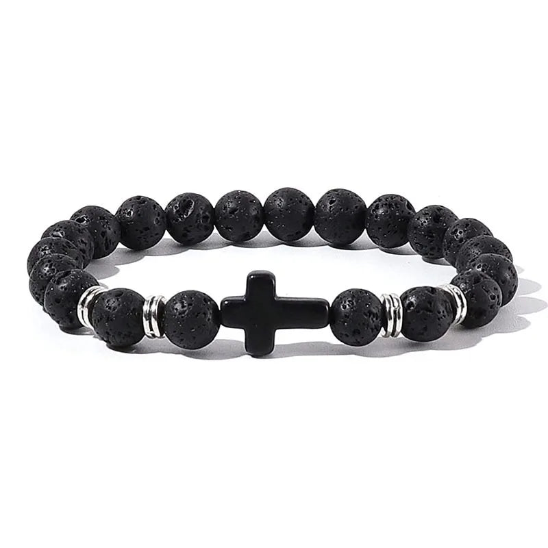 Rosary Cross Natural Stone Wood Beads Hematite Bracelets Prayer Meditation Bracelet for Men Women Yoga Jewelry