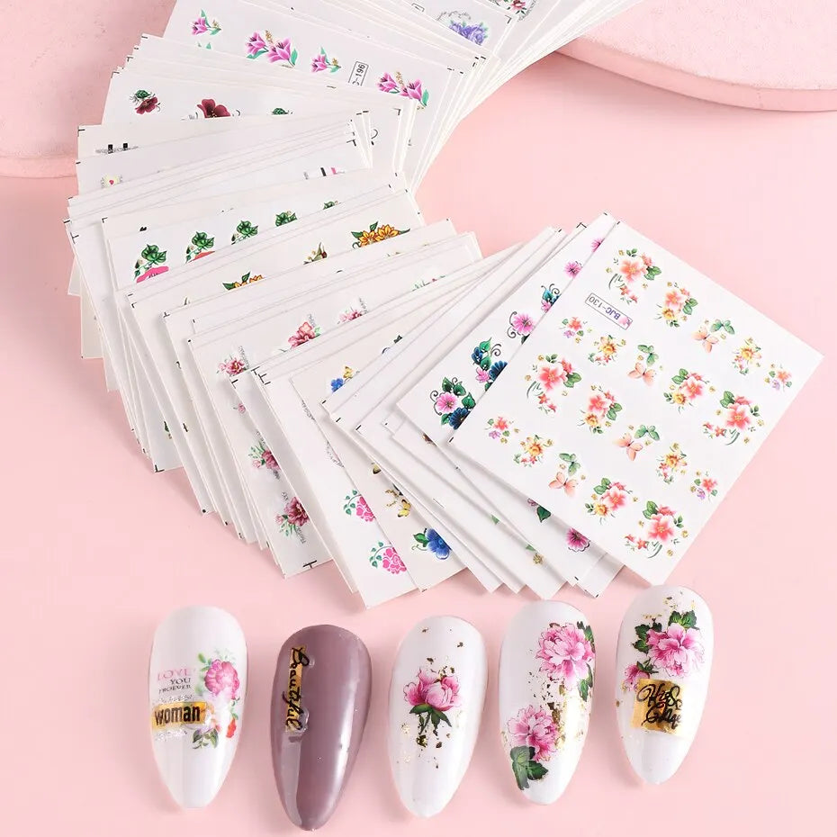 Flowers Collection Lace Water Nail Stickers Set for Manicure Pedicure Glitter Charms Floral Nail Art Transfer Decals Slider Decorations 55 Cards