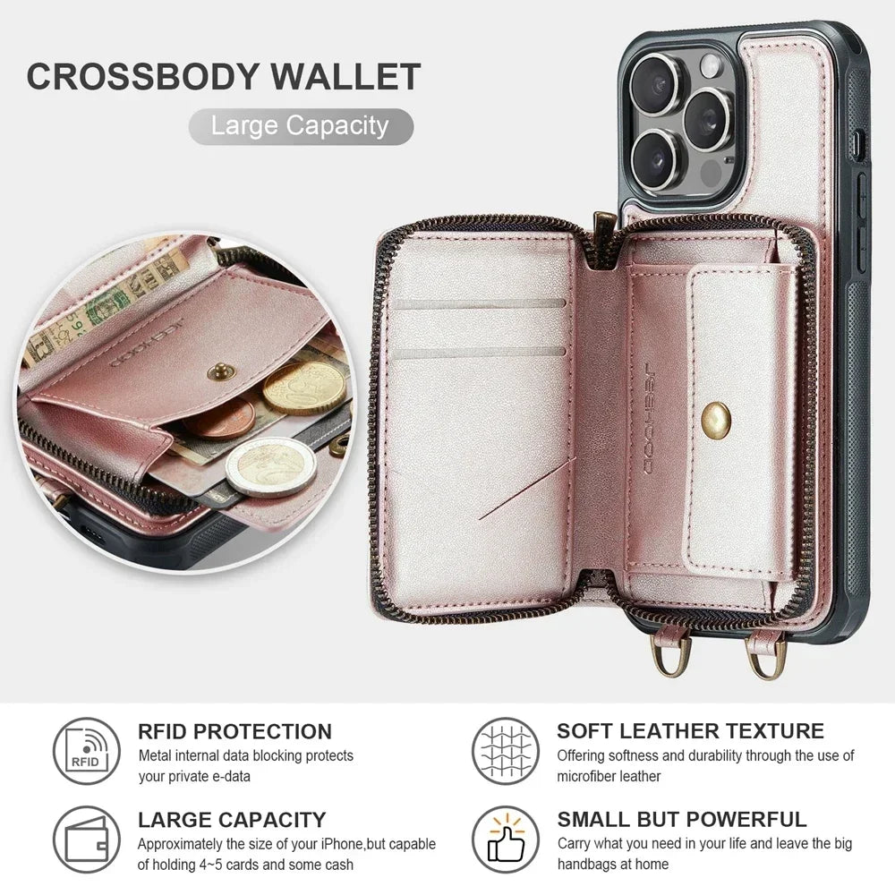 Elegant Crossbody Zipper Leather Wallet Case for Apple iPhone 16 15 Pro Max 14 Plus 13 12 Models Cards Holder Lanyard Protective Cover Shell