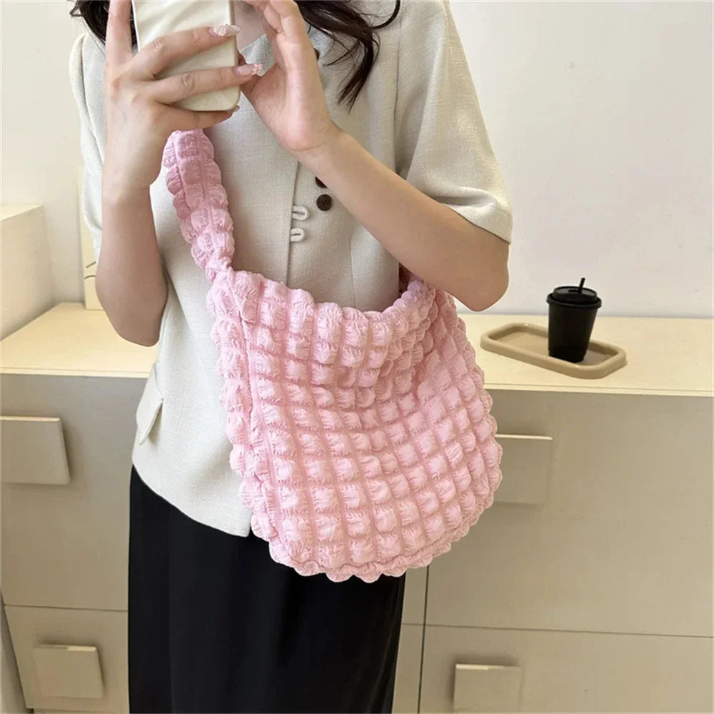Embroidered Quilted Satchel Shoulder Crossbody Handbag Purse for Women Pleated Design Large Capacity Tote Bags