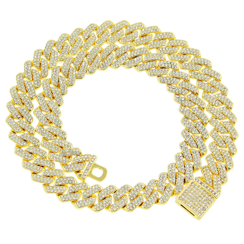 Exquisite Bling Paved Silver Gold Color Cuban Link Chain Necklaces for Men Miami Style 2 Row Rhinestone Crystals Necklace jewelry
