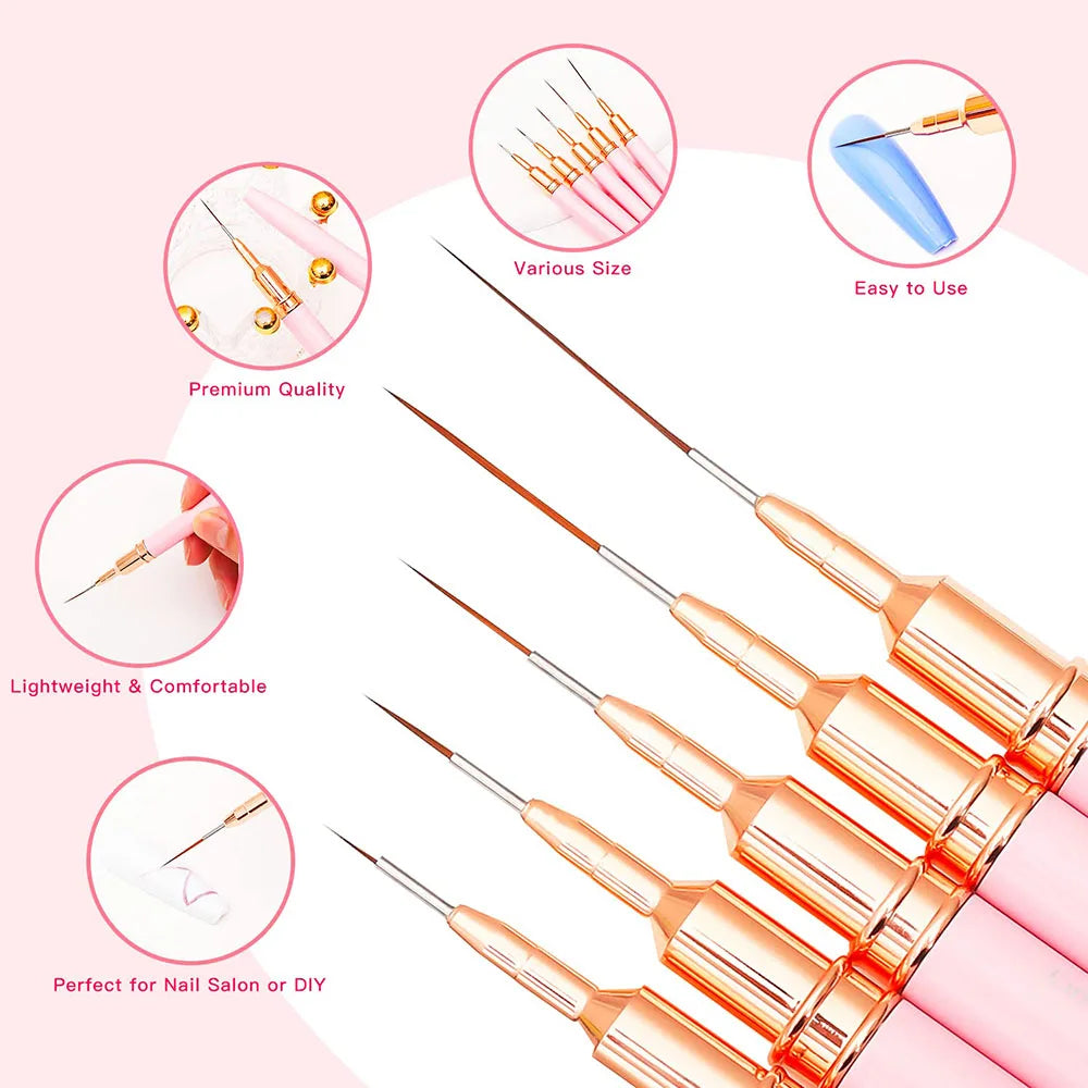 Nail Art Liner Brushes 5pcs Set Perfect for your Custom Elongated Striping Drawing and Painting Nails