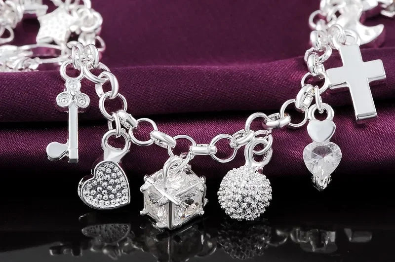 Crystal Pendants 925 Sterling Silver Bracelets for Woman Heart Key Ring Moon Star Cross Charm Pendant Chain Band