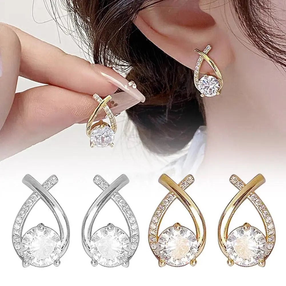 Modern Fashion Crystal Cross Fishtail Stud Earrings for Women Girls Elegant Jewelry Accessories