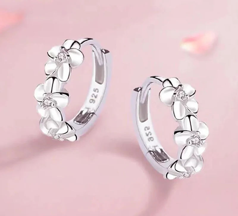 Elegant Crystal Flowers 925 Sterling Silver Hoop Earrings for Women High Quality Fashion Jewelry Accessories