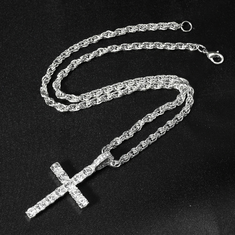 Fashion Iced Out Silver Gold Color Cross Pendant and Necklace for Men Women 4mm Tennis 3mm Rope Chain Bling Zircon Jewelry