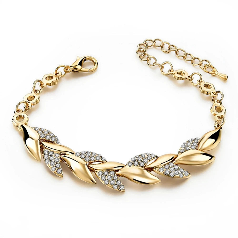 New Leaf Weave 925 Sterling Silver Gold Plated Crystal Statement Bracelet For Women Girls Trendy Jewelry