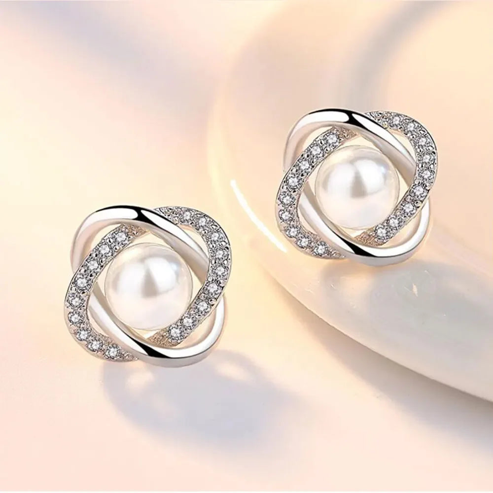 Fancy Pearl with Crystals 925 Sterling Silver Stud Earrings for Women Twist Spiral Design Jewelry Accessories