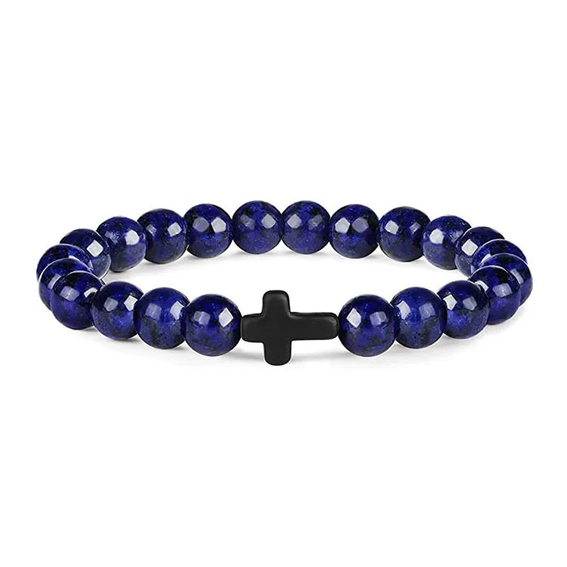 Rosary Cross Natural Stone Wood Beads Hematite Bracelets Prayer Meditation Bracelet for Men Women Yoga Jewelry