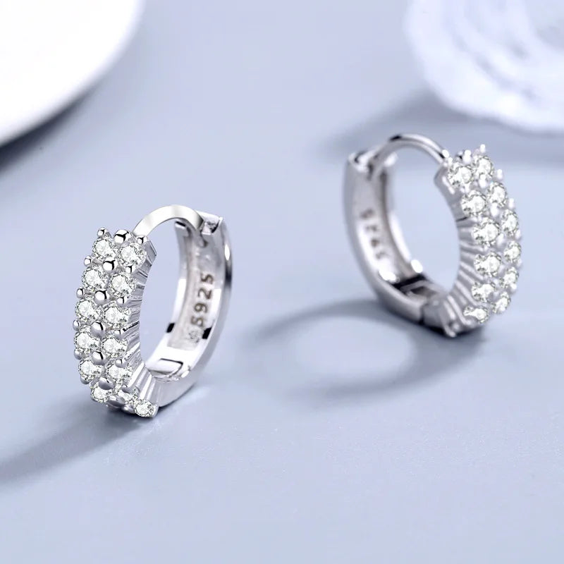 Women's Elegant Double Row Crystal 925 Sterling Silver Earrings Fashion High Quality Jewelry Accessories