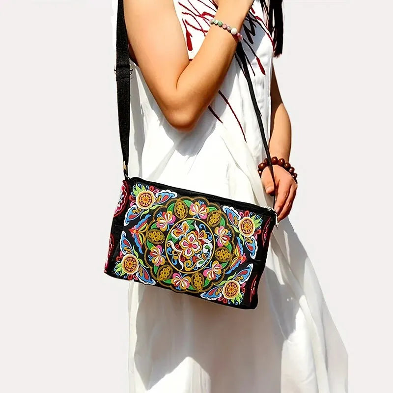Embroidered Flowers Women's Nylon Crossbody Handbag Purse Ladies Large Capacity Travel Shoulder Bags