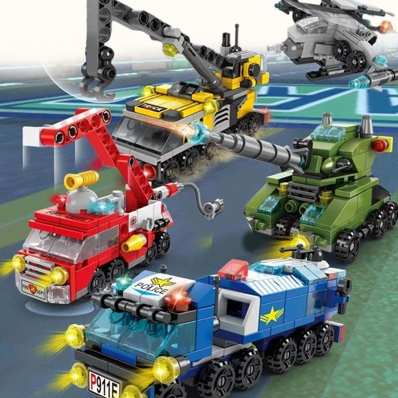 Building Blocks Engineering Fire Truck Military Tank Helicopter Model Puzzles Assembly Children's Micro Particle Toys