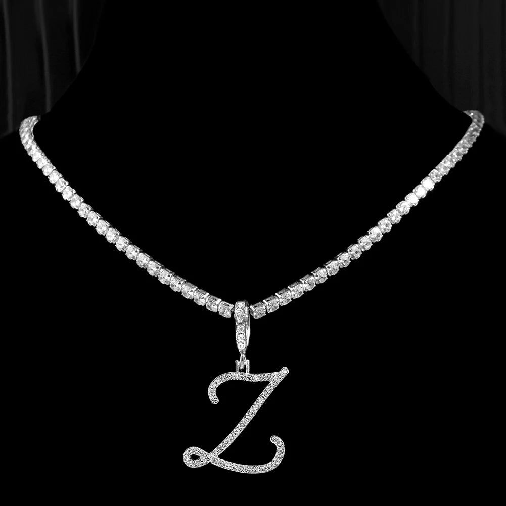 Elegant Sparkling Cursive Initial Name Letters Silver Gold Color Pendant Necklace Zircon Bling Alphabet Jewelry